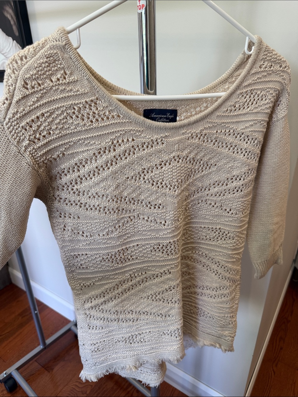 American Eagle Outfitters Beige Open-Weave Scoop Neck Sweater